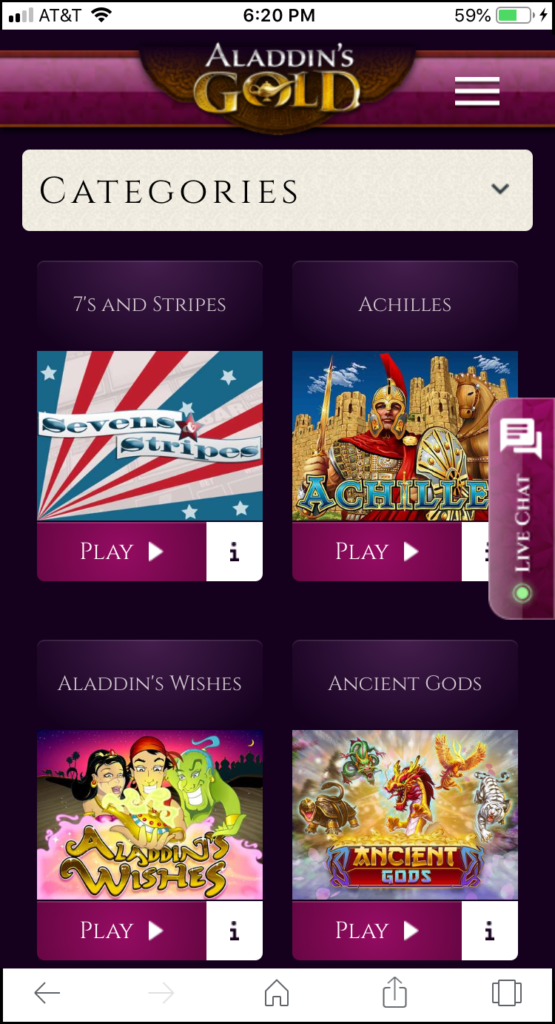Aladdins Gold Casino Mobile Homepage