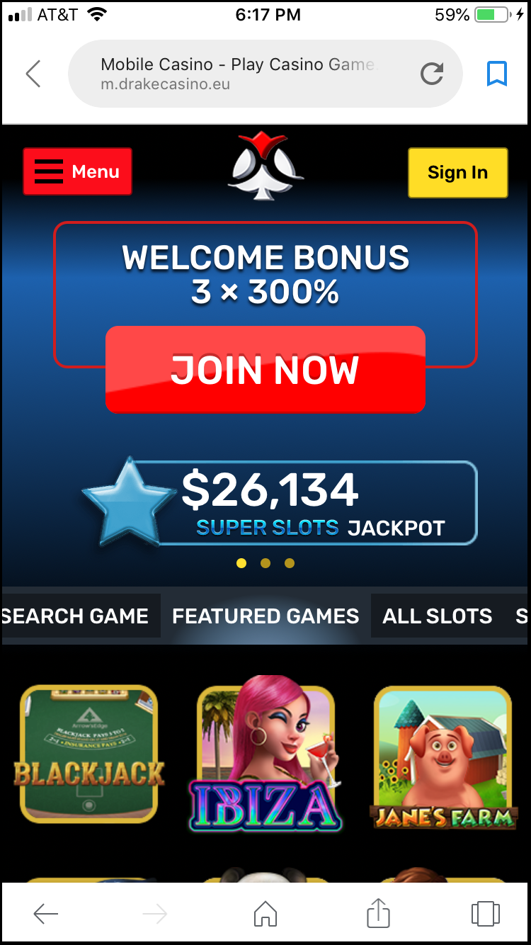 Drake Casino Mobile Homepage