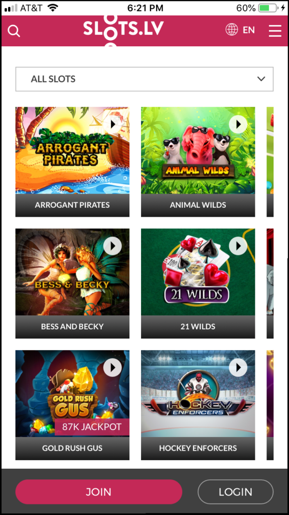 Slots.lv Casino Mobile Homepage